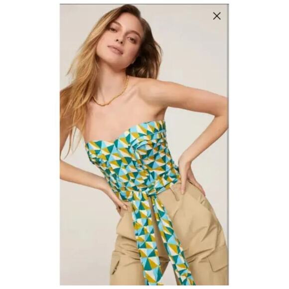 Marissa Webb Blue Yellow Geometric Print Tie Waist Corset Top Size 6 - Picture 1 of 7